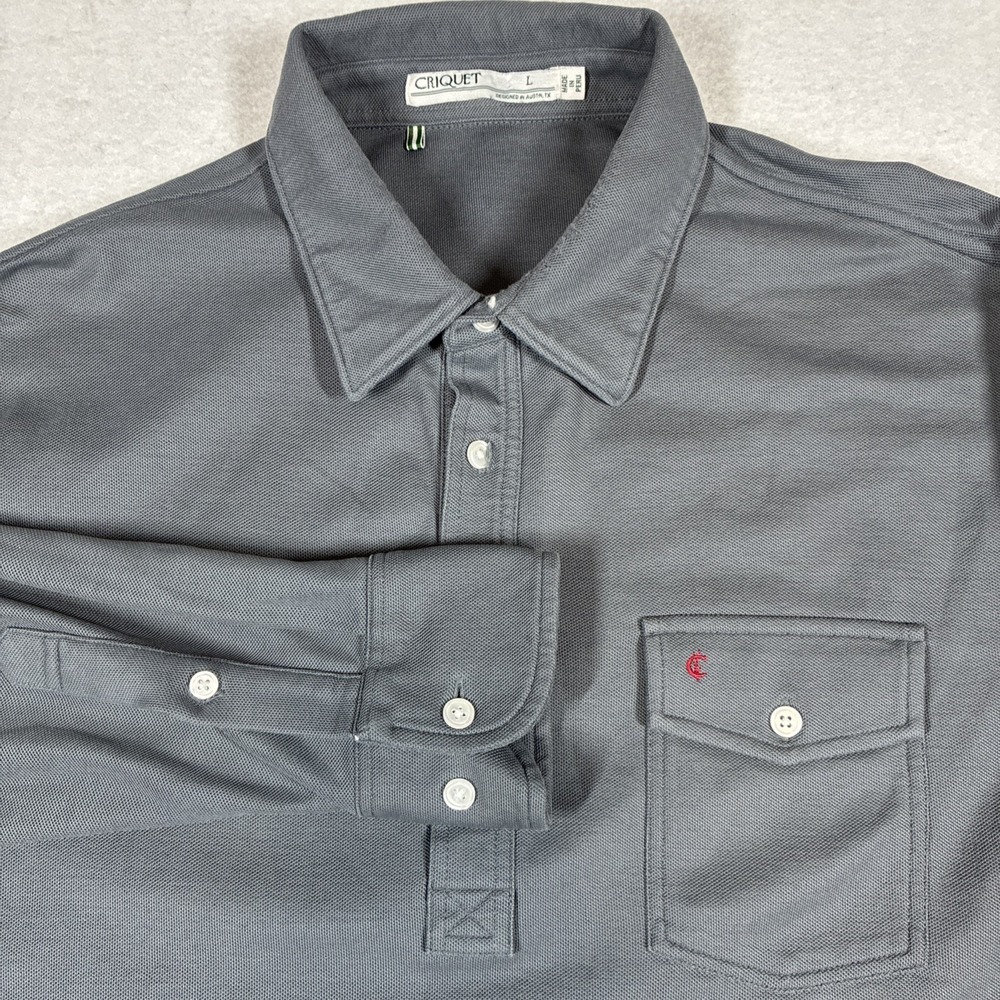 Criquet Long Sleeve 100% Pima Cotton Polo Shirt Mens Large Gray Pique *FLAW*